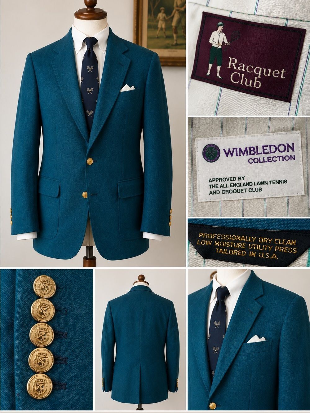 Vintage Wimbledon Teal Wool Blazer Gold Crest Buttons USA Made